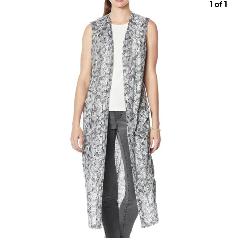 G by Giuliana Women's Open Front Sleeveless Duster Black Snakeskin Cardi…